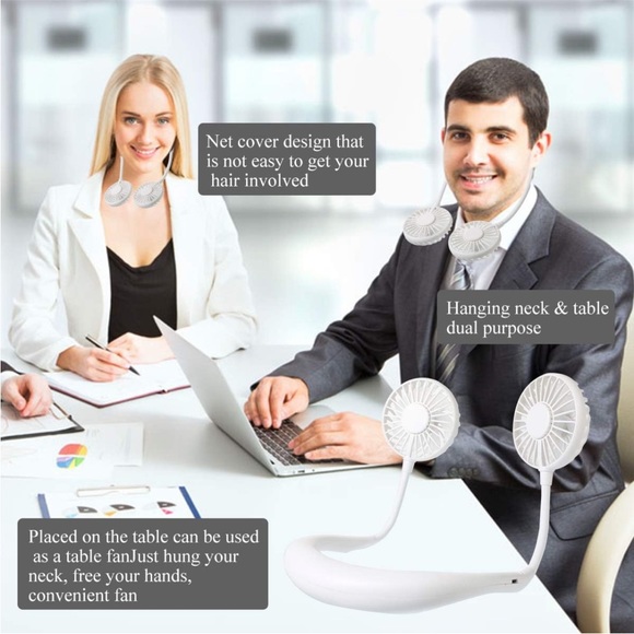 Portable Hands Free White Adjustable Cooling Neckband Fan With 3 Speeds - Picture 2 of 14